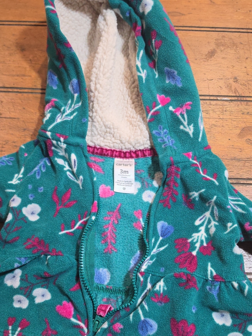Carter's Teal Floral Fleece Hooded Baby Romper